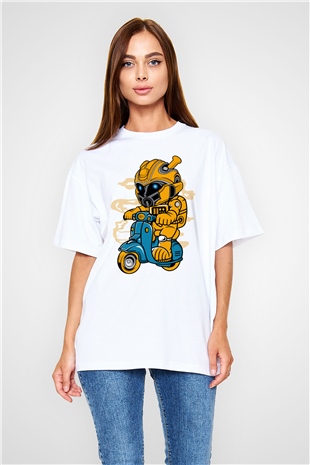 Bumble Bee Scooter Baskılı Unisex Beyaz Oversize Tişört