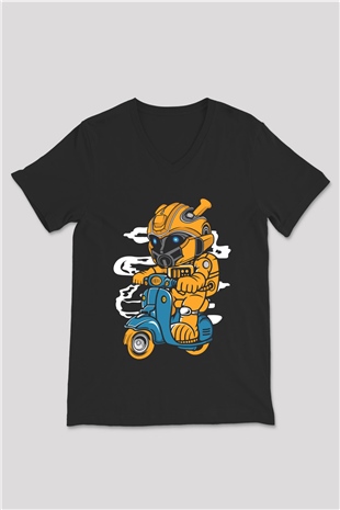Bumble Bee Scooter Baskılı Unisex Siyah V Yaka Tişört