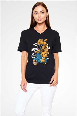 Bumble Bee Scooter Baskılı Unisex Siyah V Yaka Tişört
