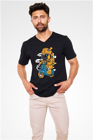 Bumble Bee Scooter Baskılı Unisex Siyah V Yaka Tişört