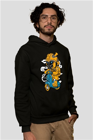 Bumble Bee Scooter Baskılı Unisex Siyah Hoodie