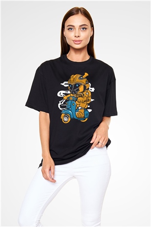 Bumble Bee Scooter Baskılı Unisex Siyah Oversize Tişört