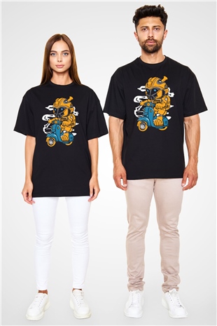 Bumble Bee Scooter Baskılı Unisex Siyah Oversize Tişört