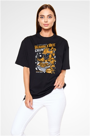 Bumblebee Crunch Baskılı Unisex Siyah Oversize Tişört