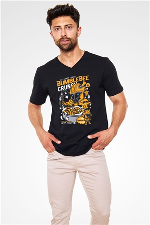 Bumblebee Crunch Baskılı Unisex Siyah V Yaka Tişört