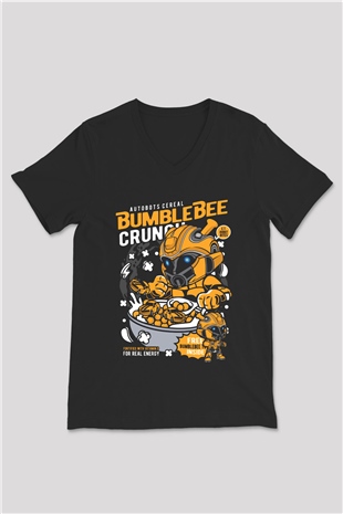 Bumblebee Crunch Baskılı Unisex Siyah V Yaka Tişört