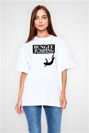 Bungee Jumping Baskılı Unisex Beyaz Oversize Tişört - Tshirt