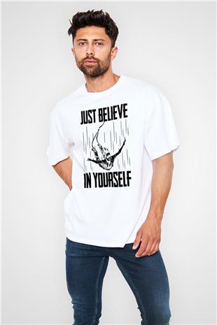 Bungee Jumping Baskılı Unisex Beyaz Oversize Tişört - Tshirt