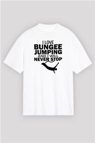 Bungee Jumping Baskılı Unisex Beyaz Oversize Tişört - Tshirt