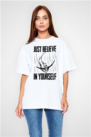 Bungee Jumping Baskılı Unisex Beyaz Oversize Tişört - Tshirt