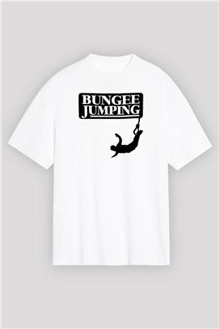 Bungee Jumping Baskılı Unisex Beyaz Oversize Tişört - Tshirt