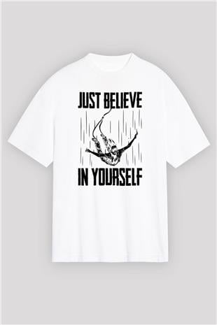 Bungee Jumping Baskılı Unisex Beyaz Oversize Tişört - Tshirt
