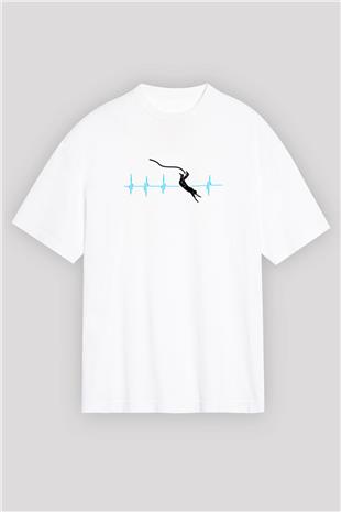 Bungee Jumping Baskılı Unisex Beyaz Oversize Tişört - Tshirt