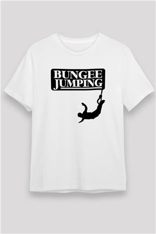 Bungee Jumping Baskılı Unisex Beyaz Tişört - Tshirt