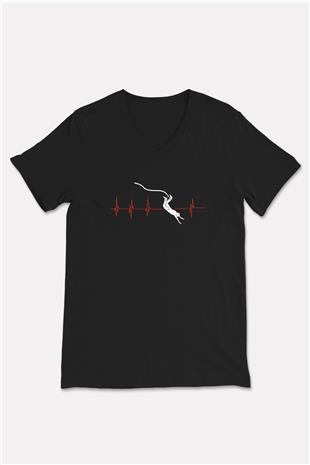 Bungee Jumping Baskılı Unisex Siyah V Yaka Tişört