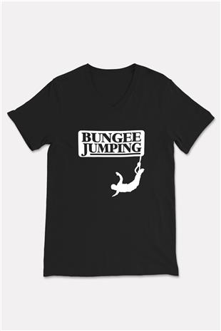 Bungee Jumping Baskılı Unisex Siyah V Yaka Tişört
