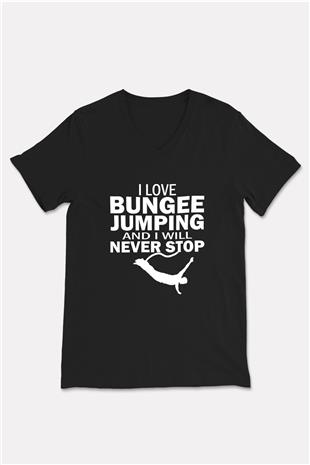 Bungee Jumping Baskılı Unisex Siyah V Yaka Tişört