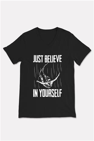 Bungee Jumping Baskılı Unisex Siyah V Yaka Tişört