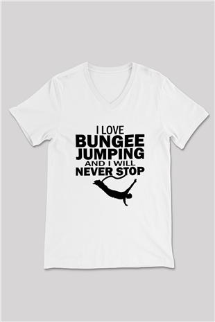 Bungee Jumping Baskılı Unisex V Yaka Tişört - Tshirt