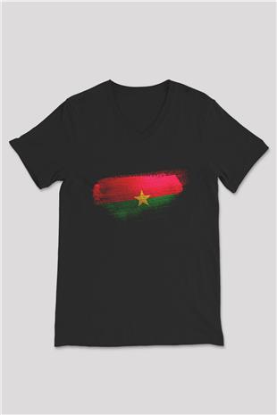 Burkina Faso Bayrağı Baskılı Unisex Siyah V Yaka Tişört