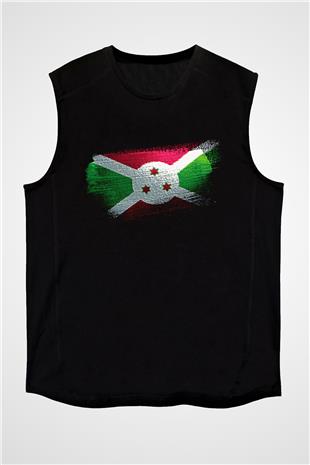 Burundi Bayrağı Baskılı Unisex Siyah Kolsuz Tişört