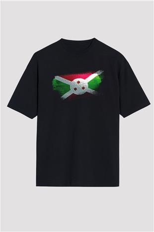 Burundi Bayrağı Baskılı Unisex Siyah Oversize Tişört