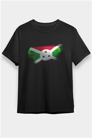 Burundi Bayrağı Baskılı Unisex Siyah Tişört