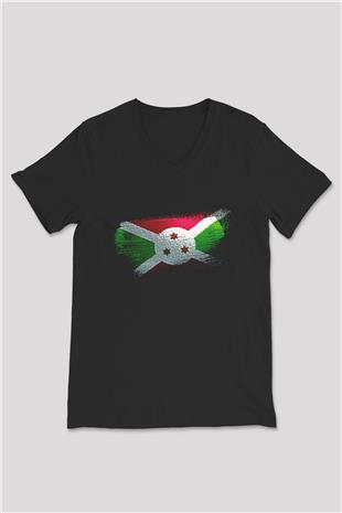 Burundi Bayrağı Baskılı Unisex Siyah V Yaka Tişört