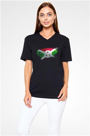 Burundi Bayrağı Baskılı Unisex Siyah V Yaka Tişört