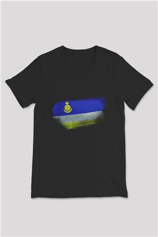 Buryatya - Buryatia Bayrağı Baskılı Unisex Siyah V Yaka Tişört