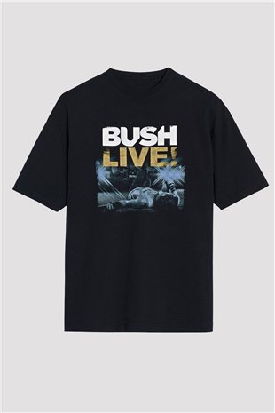 Bush Baskılı Unisex Siyah Oversize Tişört