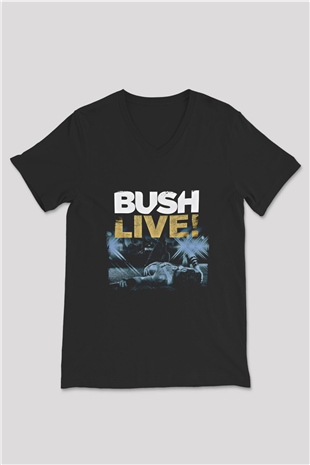 Bush Baskılı Unisex Siyah V Yaka Tişört