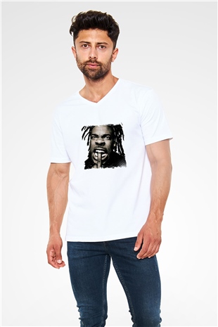 Busta Rhymes Baskılı Beyaz V Yaka Unisex Tişört