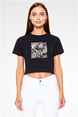 Busta Rhymes Baskılı Crop Top Siyah Kadın Tişört