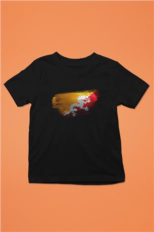 Butan - Bhutan Bayrağı Baskılı Unisex Siyah Çocuk Tişörtü