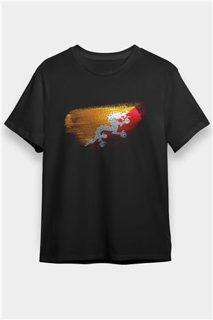 Butan - Bhutan Bayrağı Baskılı Unisex Siyah Tişört