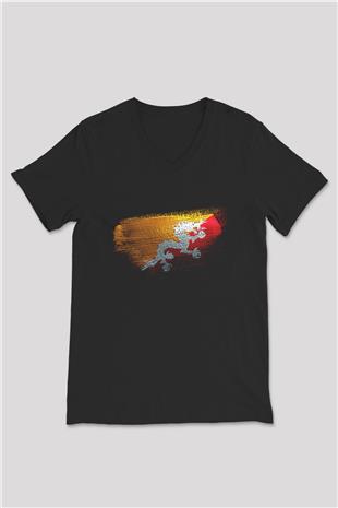 Butan - Bhutan Bayrağı Baskılı Unisex Siyah V Yaka Tişört