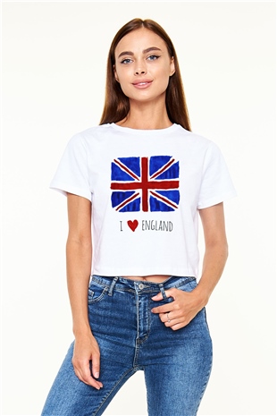 Büyük Britanya Beyaz Croptop Tişört