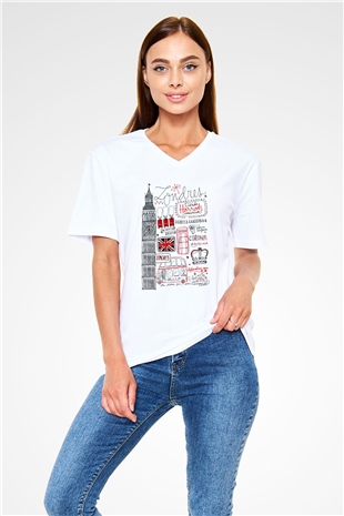 Büyük Britanya Beyaz Unisex V Yaka Tişört T-Shirt