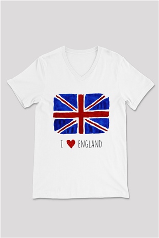 Büyük Britanya Beyaz Unisex V Yaka Tişört T-Shirt