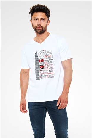 Büyük Britanya Beyaz Unisex V Yaka Tişört T-Shirt