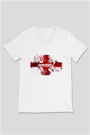 Büyük Britanya Beyaz Unisex V Yaka Tişört T-Shirt