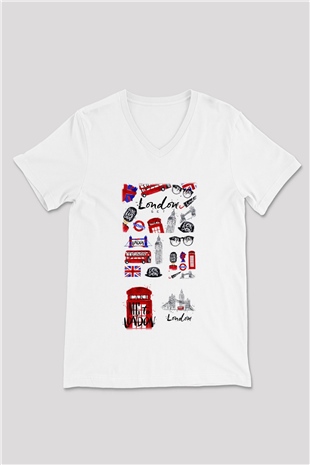 Büyük Britanya Beyaz Unisex V Yaka Tişört T-Shirt