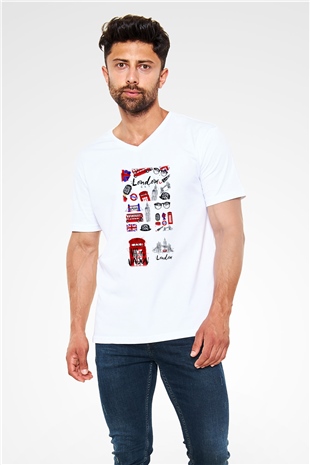 Büyük Britanya Beyaz Unisex V Yaka Tişört T-Shirt