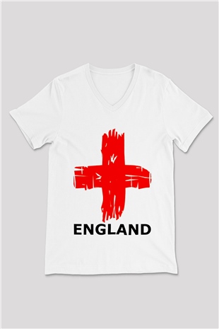 Büyük Britanya Beyaz Unisex V Yaka Tişört