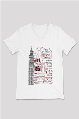Büyük Britanya Beyaz Unisex V Yaka Tişört T-Shirt