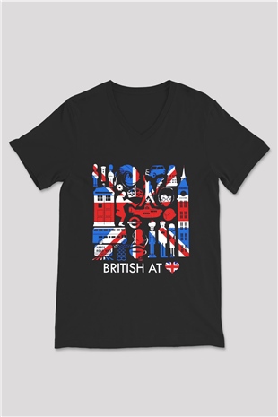 Büyük Britanya Siyah Unisex V Yaka Tişört T-Shirt