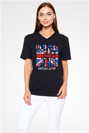 Büyük Britanya Siyah Unisex V Yaka Tişört T-Shirt