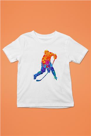 Buz Hokeyi Baskılı Unisex Beyaz Çocuk Tişört - Tshirt