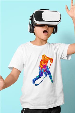 Buz Hokeyi Baskılı Unisex Beyaz Çocuk Tişört - Tshirt